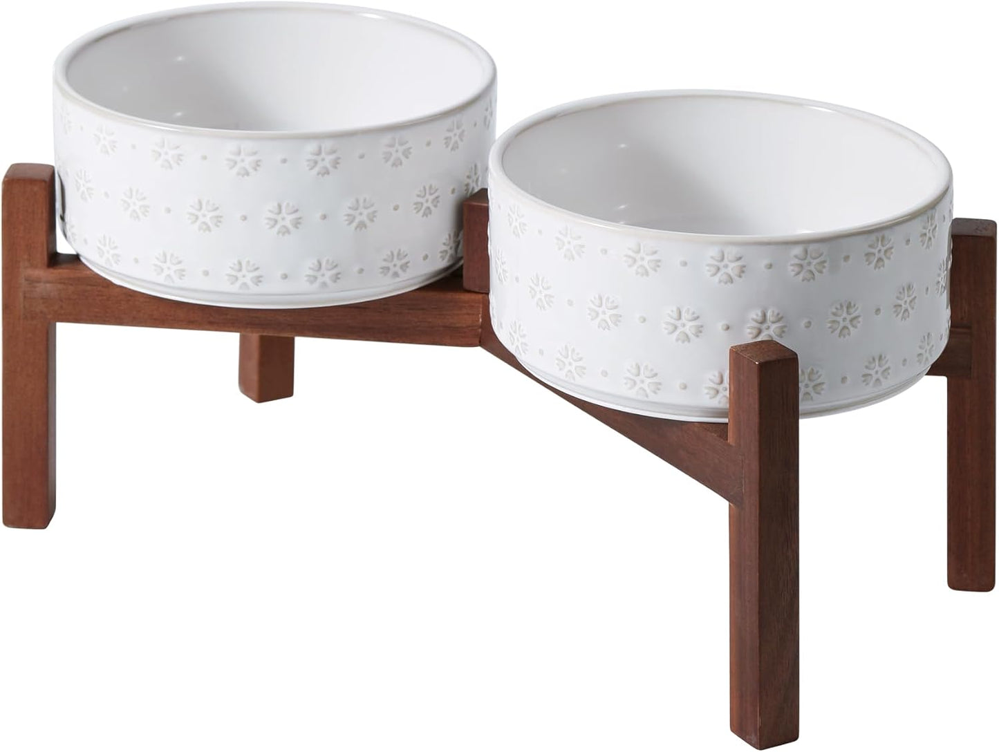 7.3inch Ceramic Raised Double Bowls Set with Acacia Wood Stand, Food & Water Bowls for Medium Breed Dogs, Weighted Dog Dishes, Pet Bowl(41OZ, Arctic White)