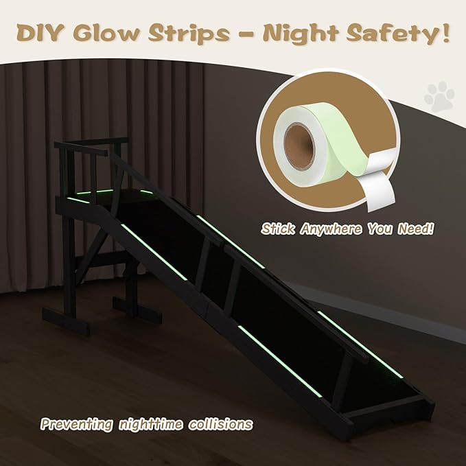 61" Dog Ramp for Bed, Pet Ramp with Removable Side Rail and Non-Slip Surface, Pet Ramp for Small & Large & Senior Dogs with Rest Platform and DIY Glow Strips,Dog Stairs for Couch,Black
