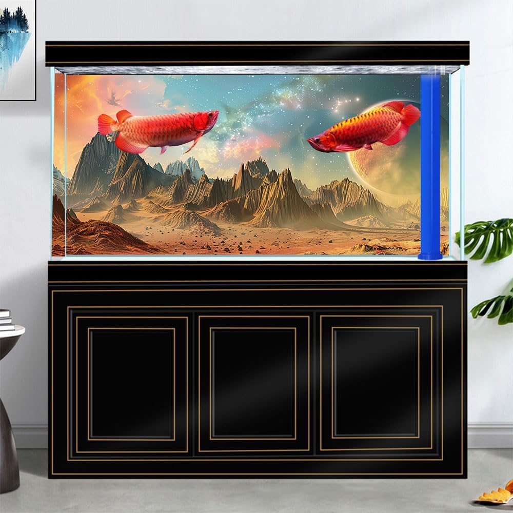 Cosmic Aquarium Background,Cool Galaxy Parallel Space Themed Fish Tank Background, Tropical Desert Terrarium Background 48X24IN with 8 EVA Double-Sided Tape