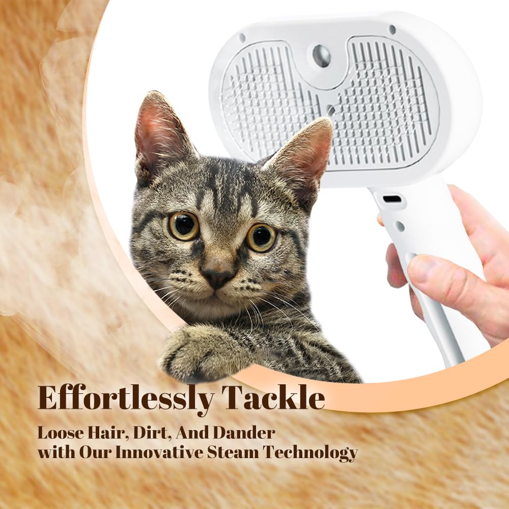 Cat Steam Brush, 3 in 1 Pet Spray Hair Removal Comb for Shedding & Grooming, Pet Grooming Brush with Spray, One-Click Release Button and Tank, Spritz Defur Comb for Cats Dogs, Effective(White)