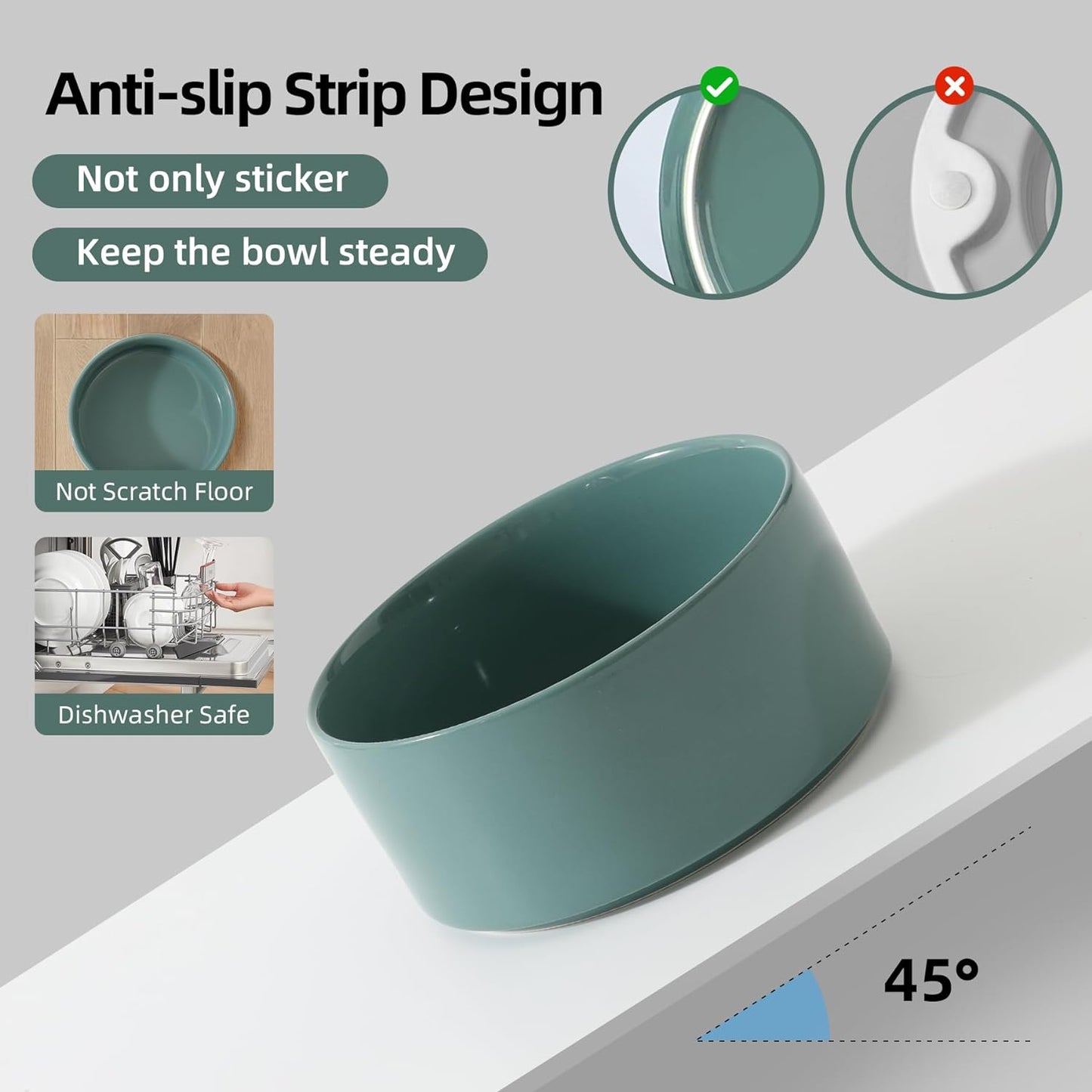 Ceramic Elevated Cat Food and Water Bowl, Kitty Bowl, Raised Cat Dish, Pet Feeder (5.1 in, 2 x Dark Green + Stand)