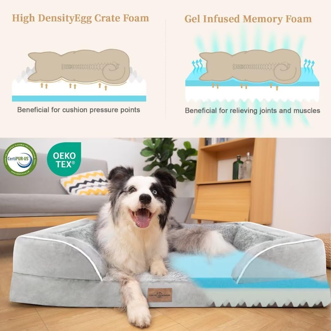 Comfort Expression Orthopedic Memory Foam Dog Bed, Waterproof Dogs Beds Large Sized, Washable Cooling Dogs Beds with Removable Cover, Pet Sofa with Bolster(Large,Light Grey)