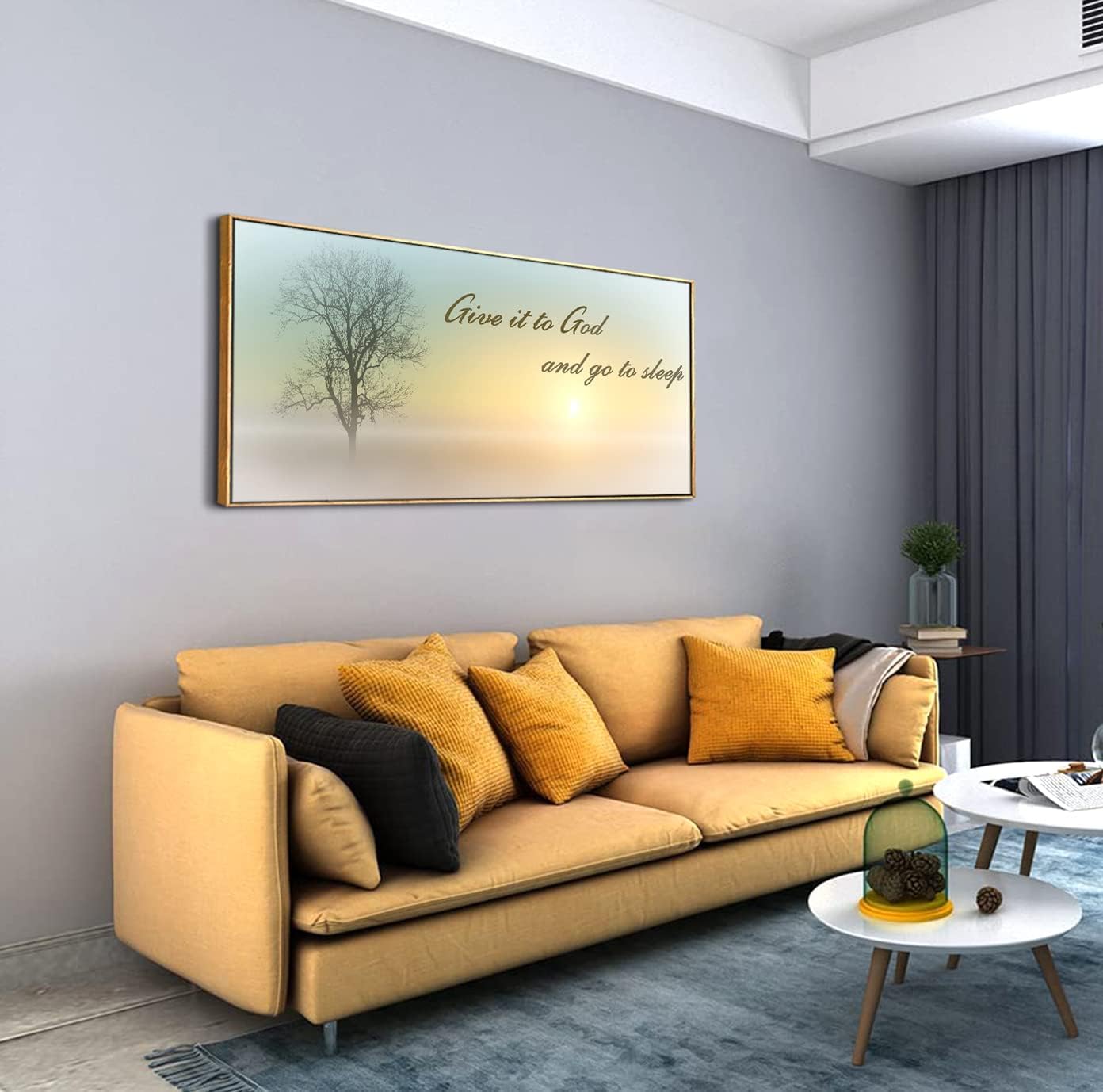 Lasdel Natural Extra Framed Canvas Wall Art of Misty Sunset & Tree Plant Picture For Bedroom Home Above Bed,White Country Wood Sign For Bathroom,Give It To God & Go to Sleep Artwork Decor,30x60