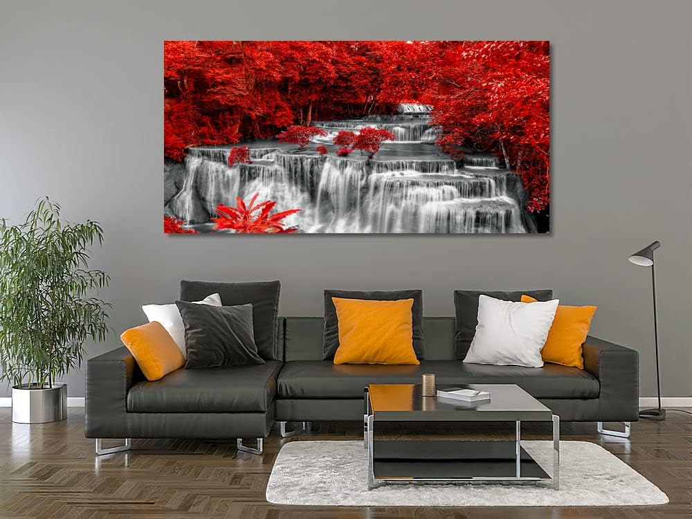 Yxbhhym Large Black and White Decor Waterfall Canvas Wall Art Red Tree Wall Decor Landscape Prints Posters Forest Scenery Paintings for Wall Decoration Bedroom Living Room Décor- Framed Wall Art