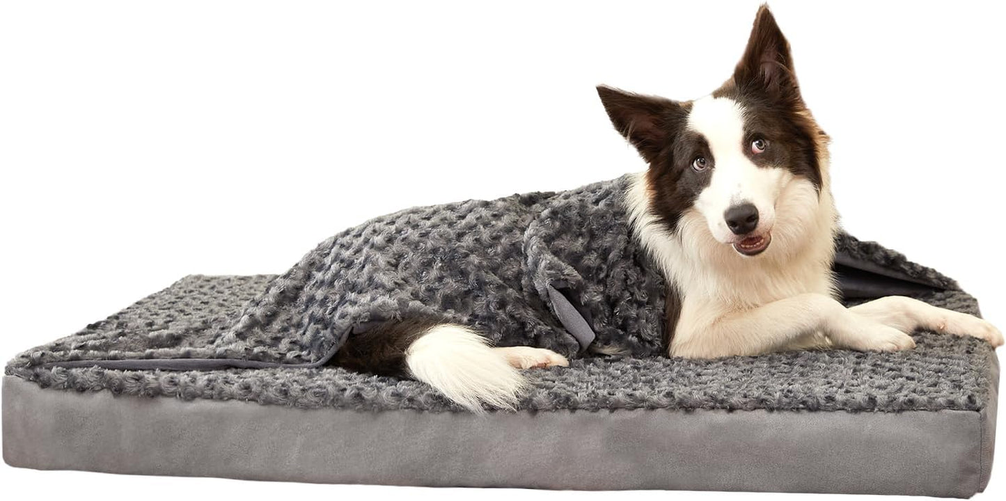 Orthopedic Memory Foam Bed for Large Dogs, Waterproof Cooling Pet Mats for Crate with Removable Washable Cover,Ideal for Arthritic Dogs (X-Large-41"x 29" x 4", Rose Plush+Blanket)