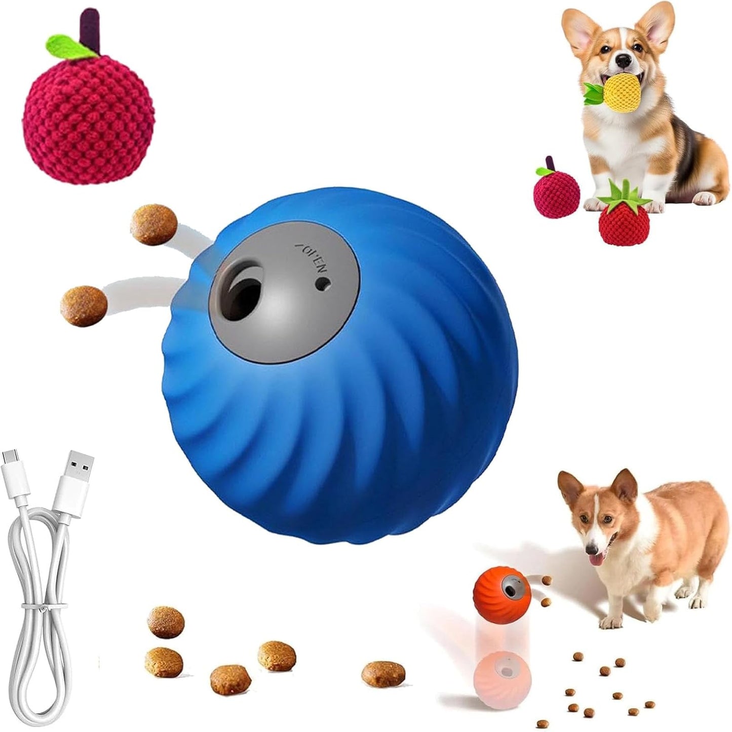 Zoomie Buddy 2.0, Zoomie Buddy for Dogs, 2 in 1 Smart Touch Interactive Dog Balls ＆ Pet Feeder, 2.83" Diameter, Suitable for Small/Medium Dogs, with Fruit Plush Cover (Blue, Bayberry)