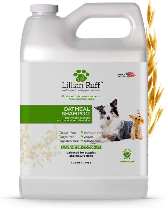 Lillian Ruff PRO Formula Deodorizing Oatmeal Dog Shampoo - Calms Itching & Allergies, Ultra-Nourishing Dry Skin Relief - Oatmeal, Aloe, Coconut Oil, Lavender & Provitamin B5 - Made in USA (Gallon)