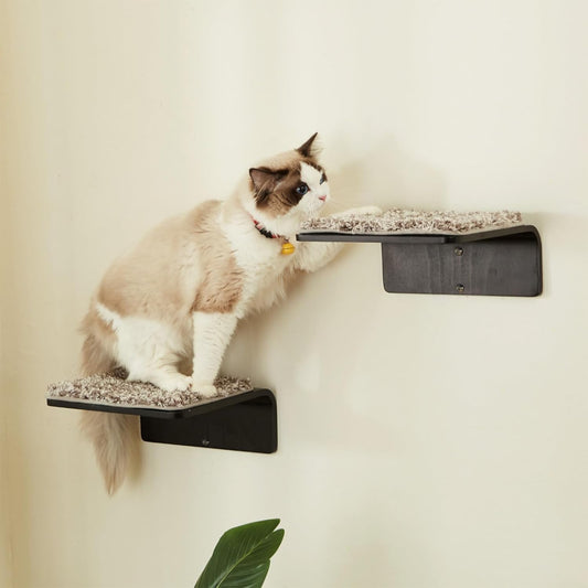 2 Set Cat Wall Steps - Wooden Cat Climbing Shelf for Wall - Cats Wall Stairs with Scratching Mat - Wall Mounted Cats Furniture for Jumping, Playing, and Lounging, Walnut