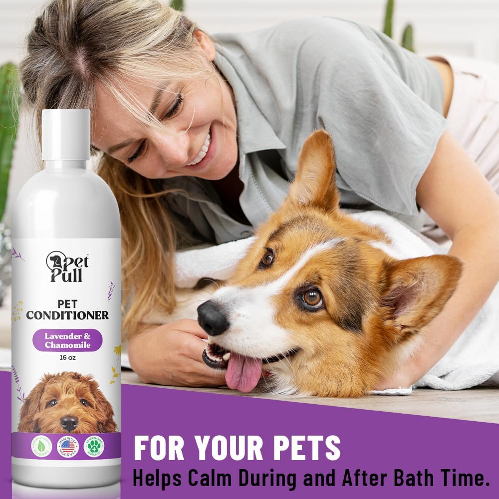 Dog Conditioner Puppy Essentials - Moisturizing Conditioner for Dogs with Lavender and Chamomile Scent - Plant Based Dog Bath Supplies Detangle and Revive Pet's Coat - Made in USA (16 Oz)