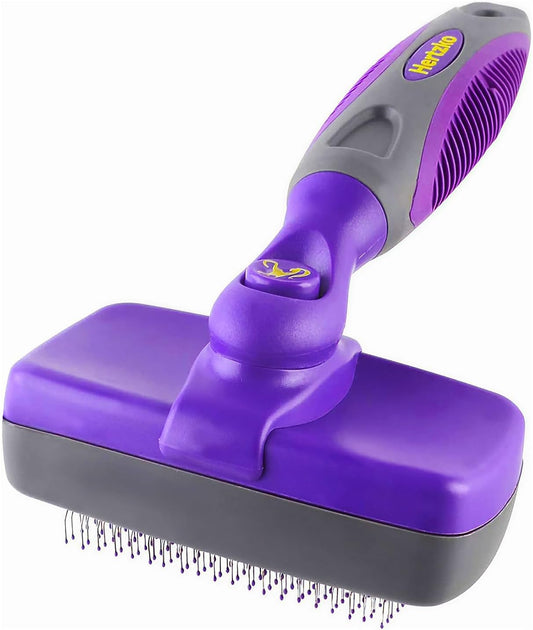 Hertzko Self-Cleaning Slicker Brush - Cat and Dog Brush for Shedding, Tangles and Dirt - Gentle Grooming Tool for Sensitive Skin - Pet Hair Remover for Long and Short Coats - Purple
