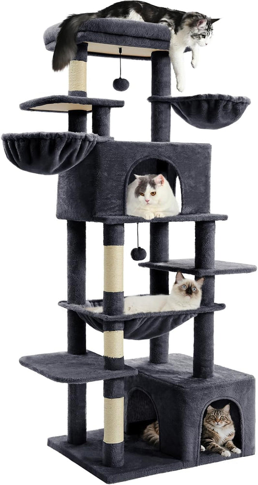 Cat Tree Large Cat Tower Tree 68" Multi-Level Cat Tower for Indoor Cats with Sisal Scratching Posts, Widen Cat Perche, Square Hammock, 2 Widen Condos, Scratching Posts, Grey