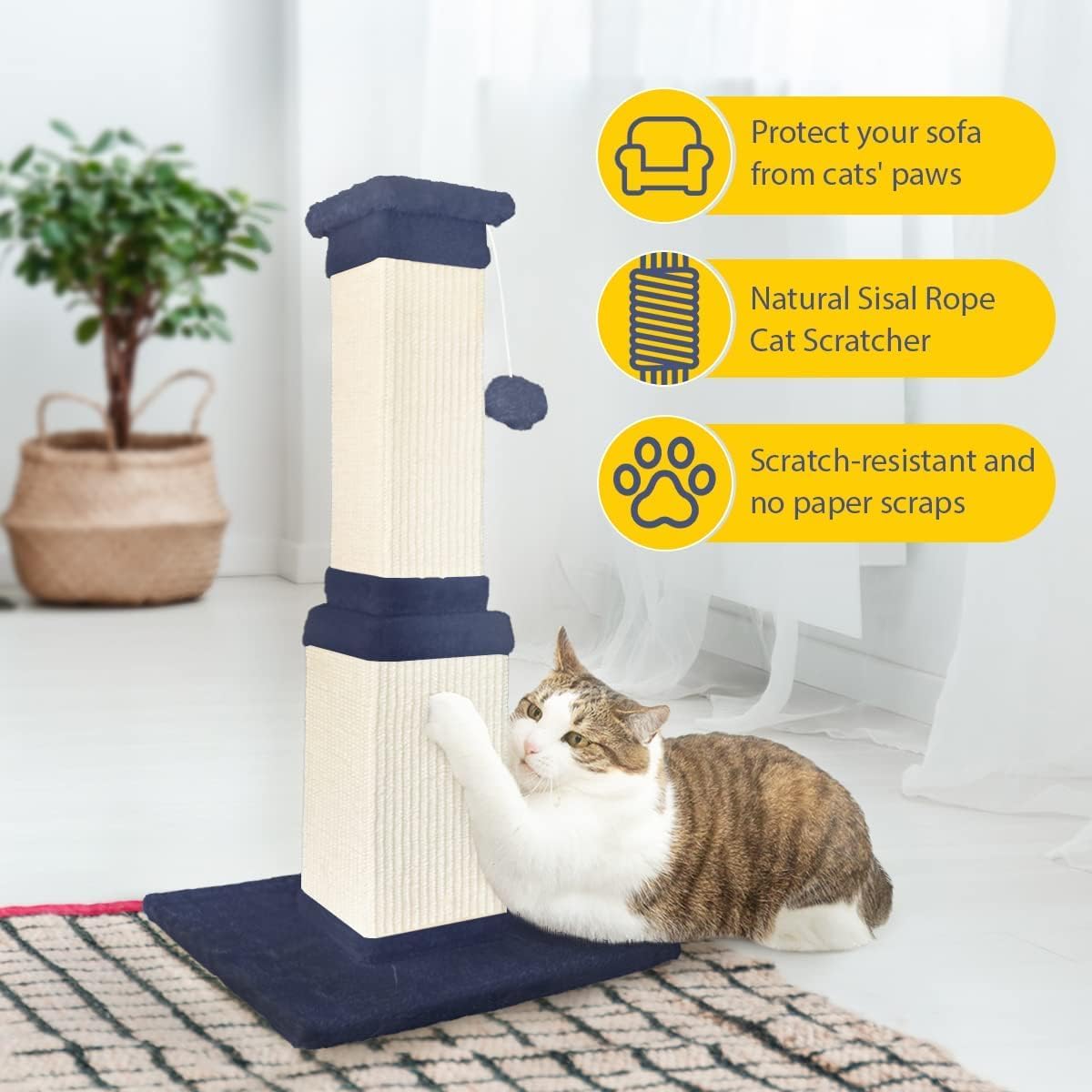 AGYM Cat Scratching Post, 32 Inch Cat Scratch Post for Cats and Kittens, Protect Your Furniture and Exercise Cats, Nature Sisal Modern Cat Scratcher for Indoor Cats, Blue