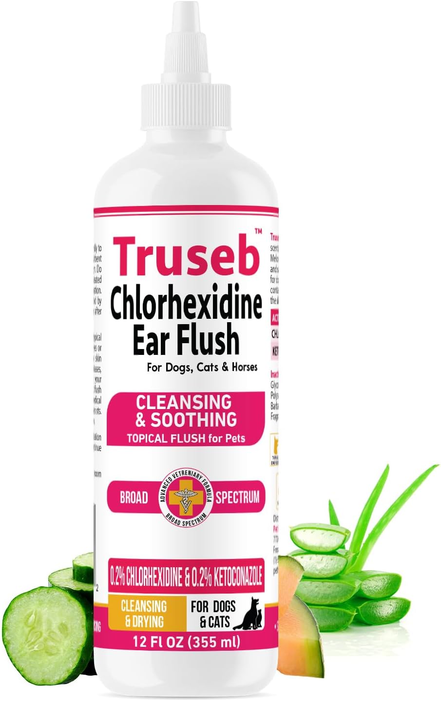 Truseb Advanced Topical Dog Ear Wash with Ketoconazole & Chlorhexidine Ear Flush Dog, Cats and Horses, with Aloe - 12 oz Made in U.S.A (Ketoconazole & Chlorhexidine Ear Flush, 12 oz)