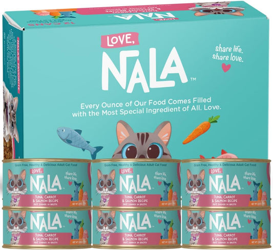 LOVE, NALA - Natural Adult Cat Wet Food - Pate Tuna, Carrot, & Salmon Recipe - Grain Free, Non-GMO, Digestive Fiber Blend, Minerals, Vitamins - 12 Pack 2.4 lbs.