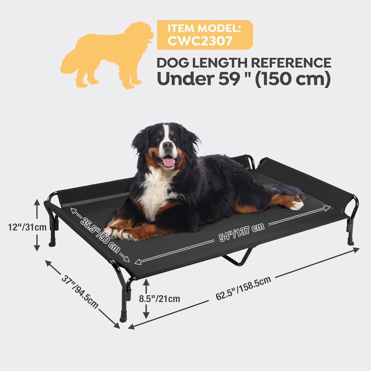 Veehoo Cooling Elevated Dog Bed, Guardrail Raised Pet Cot, Indoor & Outdoor XXL Pet Bed with Washable & Breathable Teslin Mesh, Non-Slip Feet, Dog Couch Bed, 62.5" x 37", Black