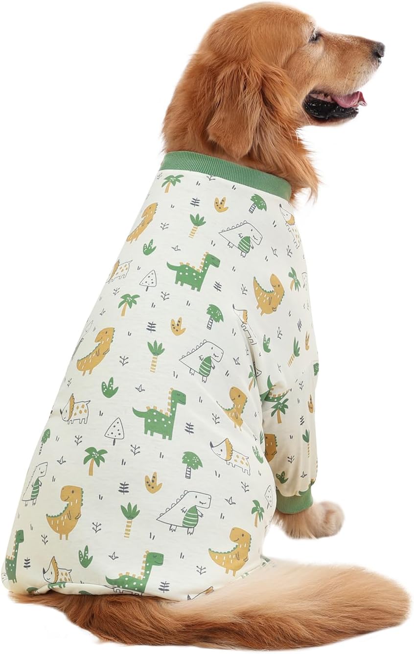 HDE Dog Pajamas One Piece Jammies Jumpsuit Pet Clothes Outfit Stretchy Lightweight Comfy Shirt Pjs for M-3XL Dogs Forest Dinos - 3XL