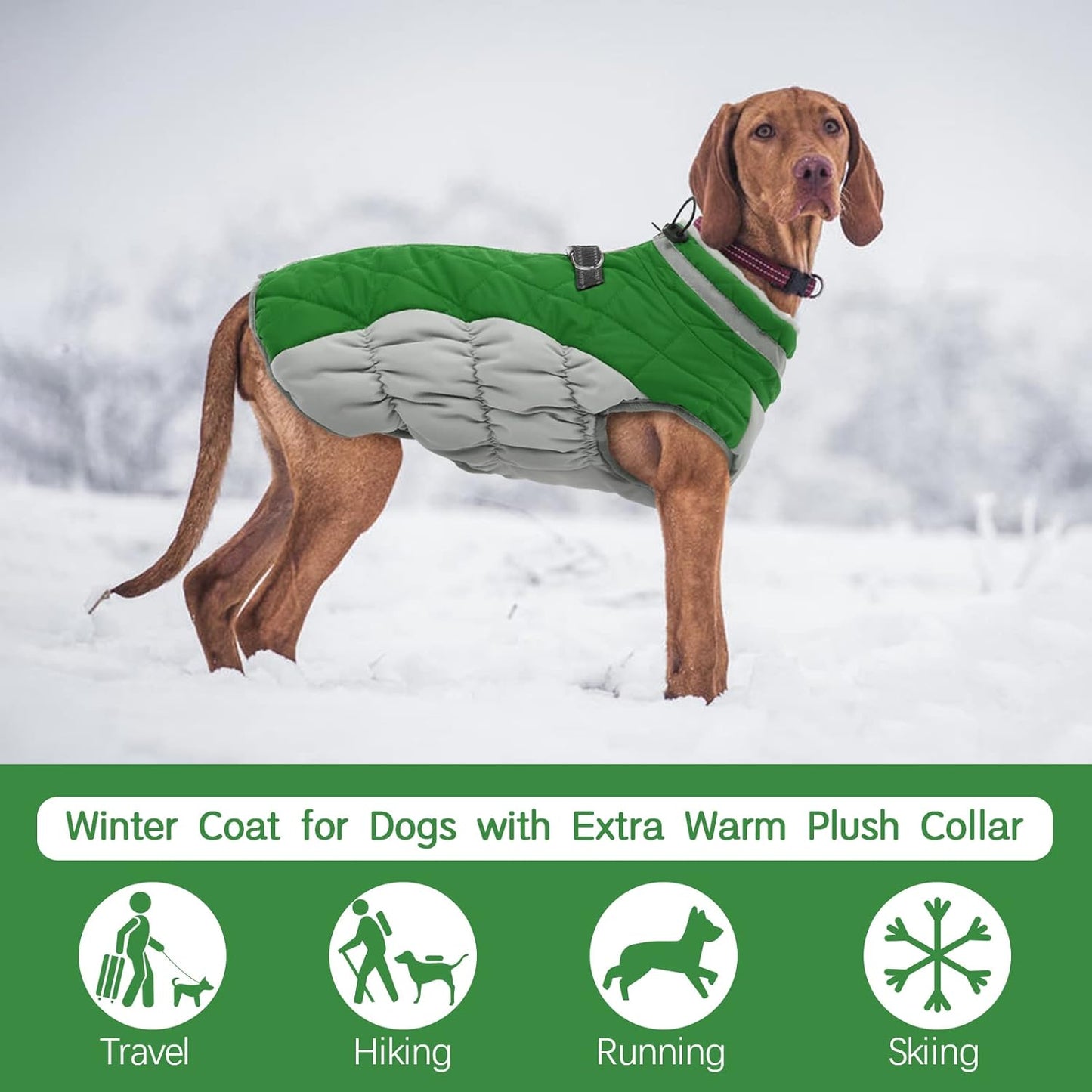 FUAMEY Dog Coat for Large Dogs,Waterproof Dog Winter Jacket with Harness Built in Puppy Cold Weather Coats Reflective Pet Vest with Zipper Warm Fleece Dogs Snowsuit Windproof Green XXXL
