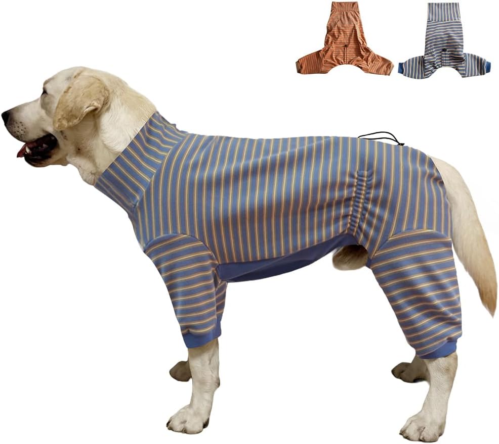 Dog Pyjamas PJS Sweater Clothes and Home Clothing Suitable for Large to Giant Breeds of Dogs, Dog Surgery Recovery Suit, Extra-Large Stretch Fabric, Four-Legged (Thickened Blue Stripes, XL)