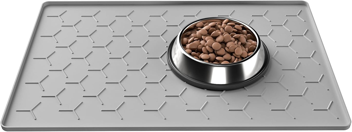 Pieviev Dog Cat Food Bowl Mat, Silicone Waterproof Food Grade Pet Food Mat for Floor, High Raised Edge to Prevent Spills, Non-Slip & Easy Clean Pet Placemat for Dog & Cat Bowls, 24''x16'', Light Gray