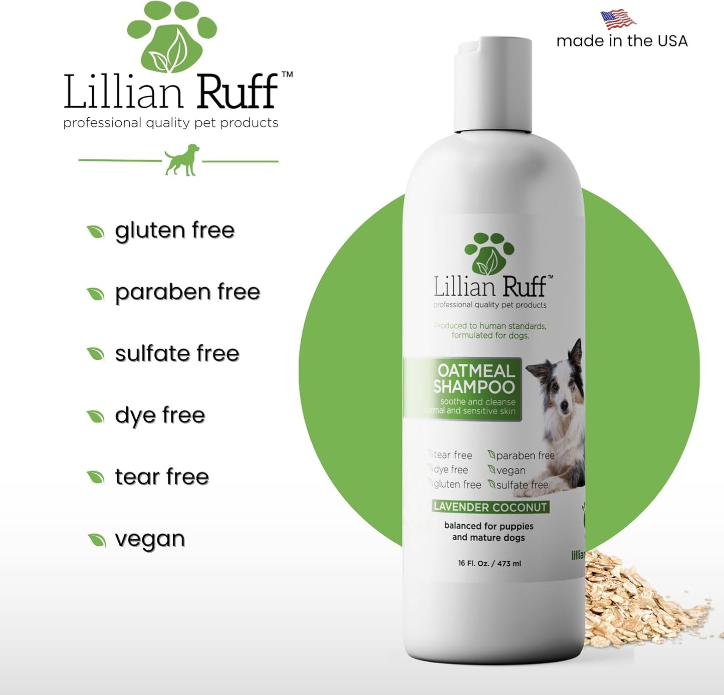 Lillian Ruff PRO Formula Deodorizing Oatmeal Dog Shampoo - Calms Itching & Allergies, Ultra-Nourishing Dry Skin Relief - Oatmeal, Aloe, Coconut Oil, Lavender & Provitamin B5 - Made in USA (16oz)