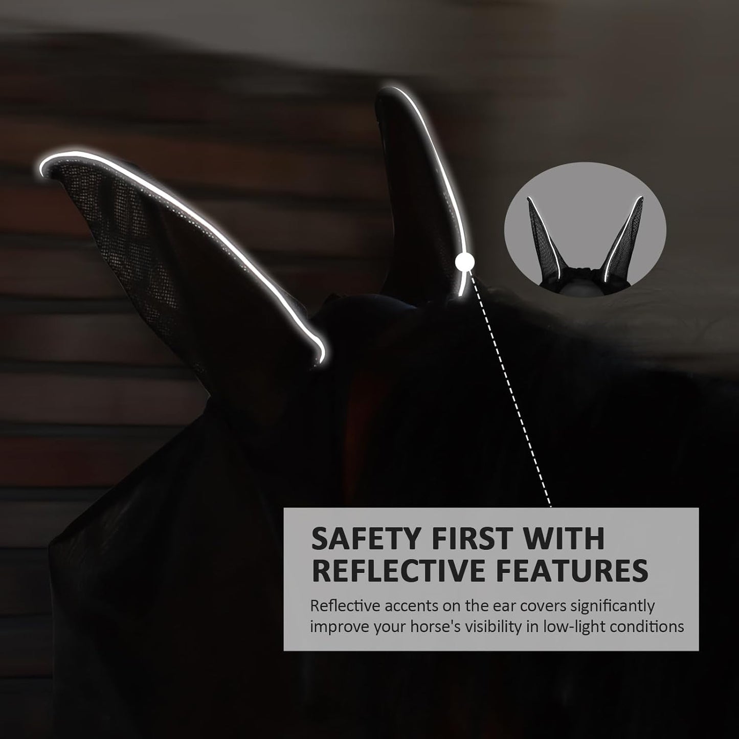 Horse Fly Mask Large Space Breathable UV Protection Equine Mask with Reflective Features on Ears Mars Black M