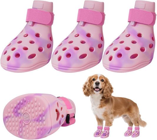 Dog Shoes for Hot Pavement, Adjustable Magic Tape Boots for Small, Medium & Large Dogs, Anti-Slip, Easy to Clean Paw Protectors for Beach, Outdoor & Hot Weather (Pink M)