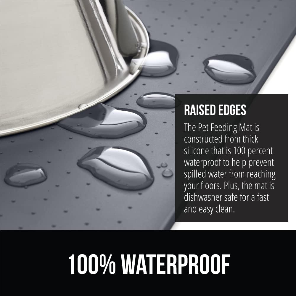 GORILLA GRIP 100% Waterproof Raised Edge BPA Free Silicone Pet Feeding Mat, Dog Cat Food Mats Contain Spills Protects Floors, Placemats for Cats and Dogs Water Bowl, Pets Accessories 32x24 Gray