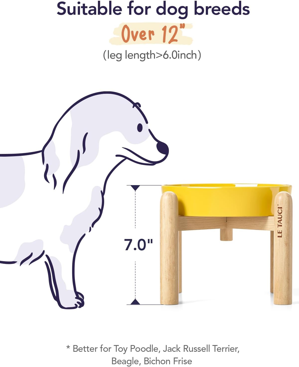 LE TAUCI Ceramic Slow Feeder Puzzle Bowl Elevated 1.5 Cup with Wooden Stand for Small & Medium Dog, Fast Eater Food Bowl, Star Yellow