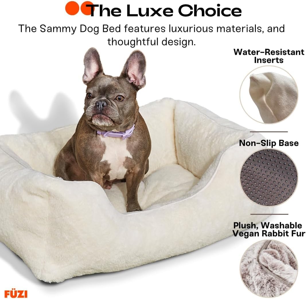 FUZI Luxury Aesthetic Dog Bed with Extra Cover for Large Dogs, Washable Pet Couch, Pet Bed with Sides, Non-Slip Bottom, Soft and Durable Calming Dog Bed, Faux Rabbit Fur, Large 35.6x28.5x9.5 Dark Grey