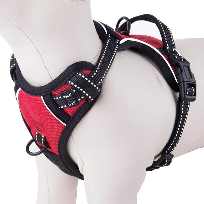 PHOEPET Reflective Dog Harness No Pull Large Breed Vest with 2 Metal Leash Attachment Hooks(L, Red)