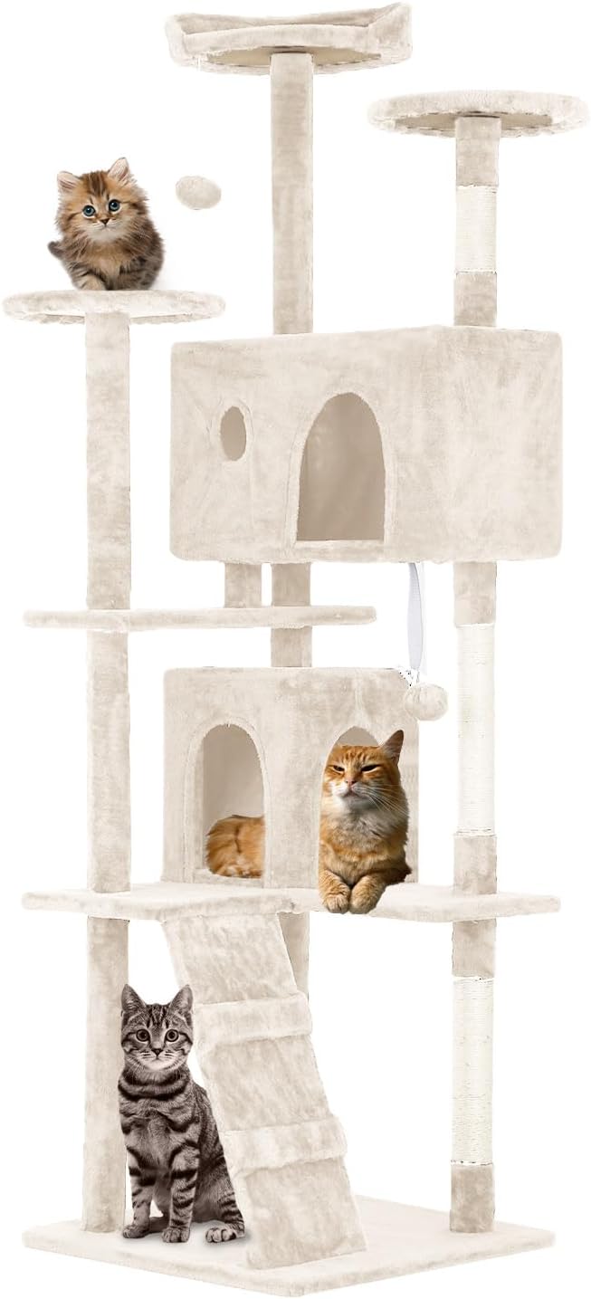 70 Inches Cat Tower for Indoor Cats Multi-Level Cat Condos XL Cat Tree Climbing Tower with Scratching Posts, Hanging Toys, Beige
