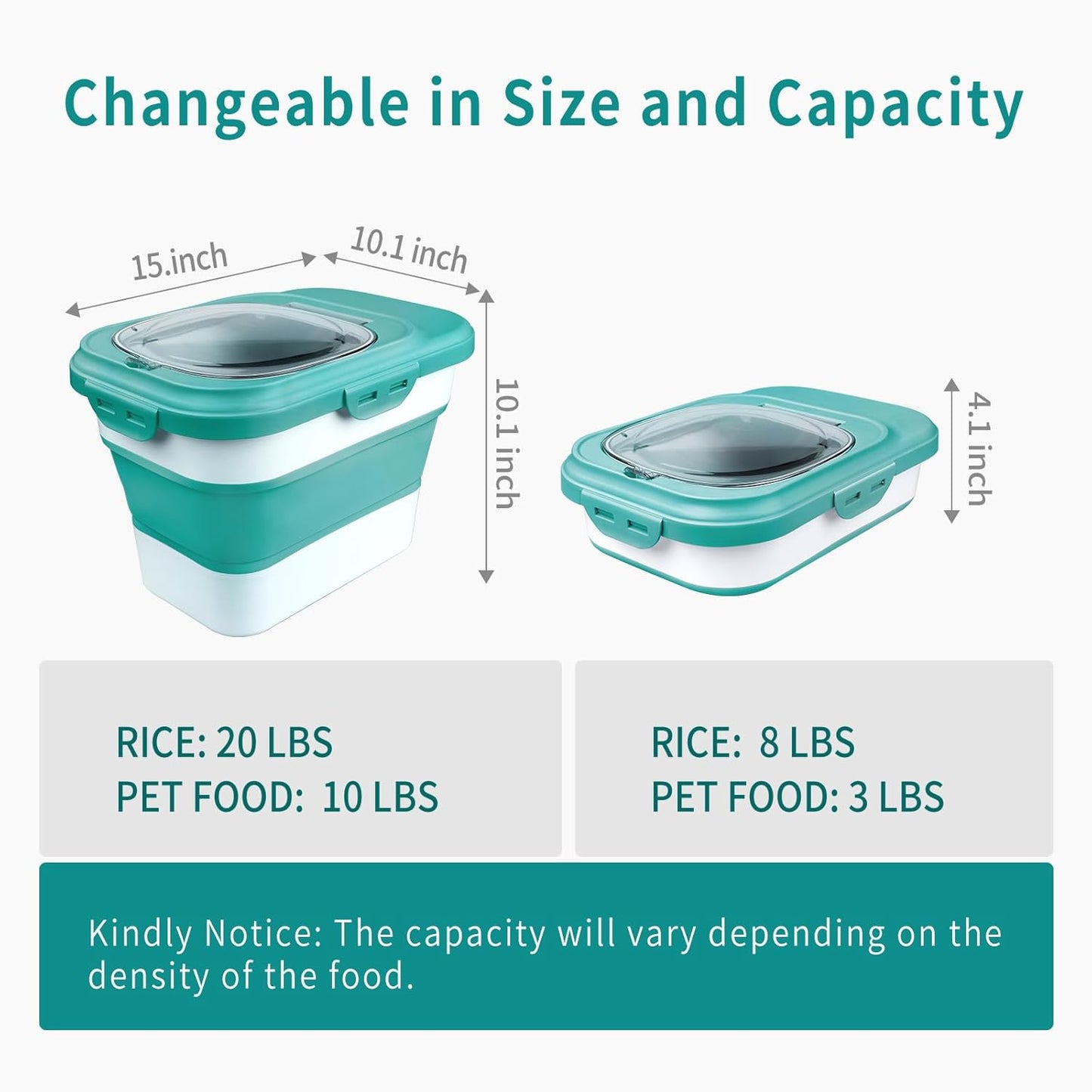 Rice Storage Container, Collapsible Airtight Food Storage Containers 6-20 Lbs, Rice Dispenser with Measuring Cup and Small Bin for Flour Cereal Pasta Grain, Cat Pet Dog Bird Food Container