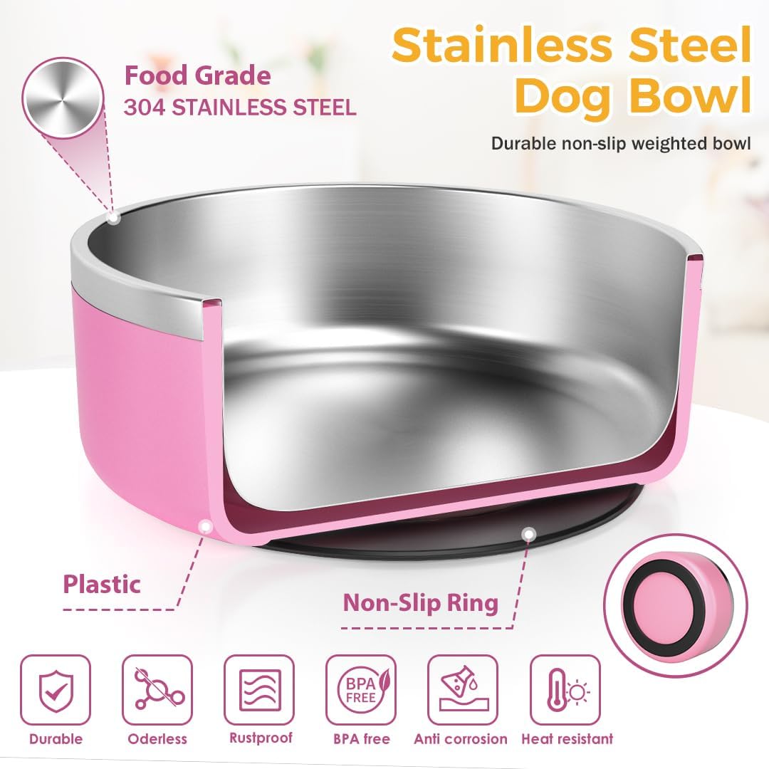 IKITCHEN Dog Bowl for Food and Water, 40 Oz Stainless Steel Pet Feeding Bowl, Durable Non-Skid Double Wall Insulated Heavy Duty with Rubber Bottom for Medium Large Dogs (40 Ounces/5 Cup, Pink)