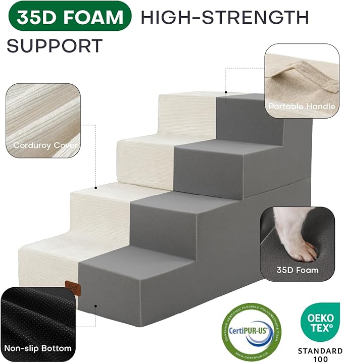 Dog Stairs for High Bed, Dog Steps for Bed Couch Sofa, 35D Foam Extra Wide Pet Steps for Small Dogs and Cats, Pet Stairs with Non-Slip Bottom Beige, 4 Steps