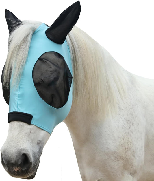 Horse Fly Mask with Ears - Large Eye Space for Full Vision, Breathable Stretch Comfort Fit, UV Protection, Forelock Opening, Easy Pull-On Paleblue Cob