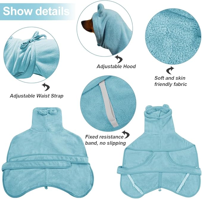 Medium to Large Size Dog Bathrobe, Quick Drying Super Absorbent Used for After Bathing, Warm Dog Towels, Adjustable Hoodies and Belts for Pet Dogs Bath Clothes Products (Blue, 3XL)