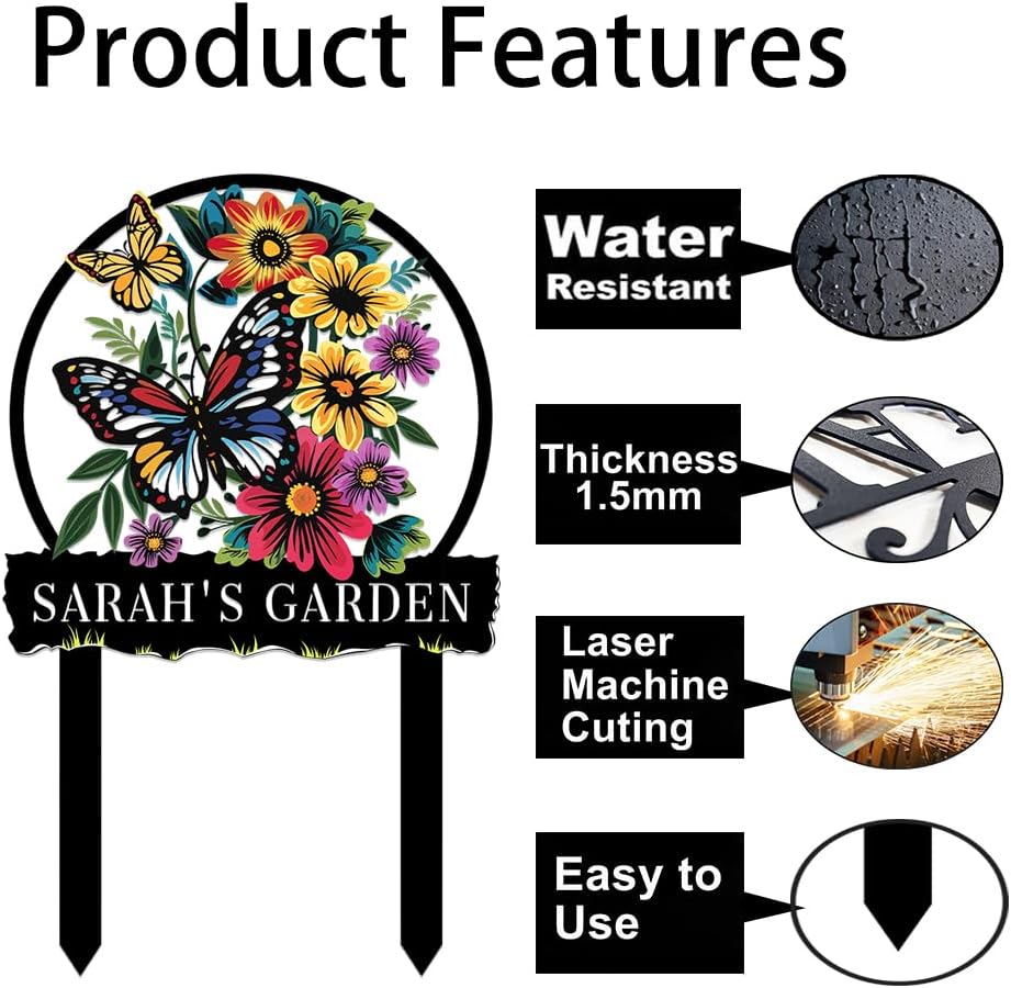 Personalized Butterfly Metal Sign with Stake,Custom Gardener Family Name Signs Outdoor Decorate,Customized Garden Accessories Decor for Mother's Day,Sunflowers Plaques for Patio Lawn Porch Backyard