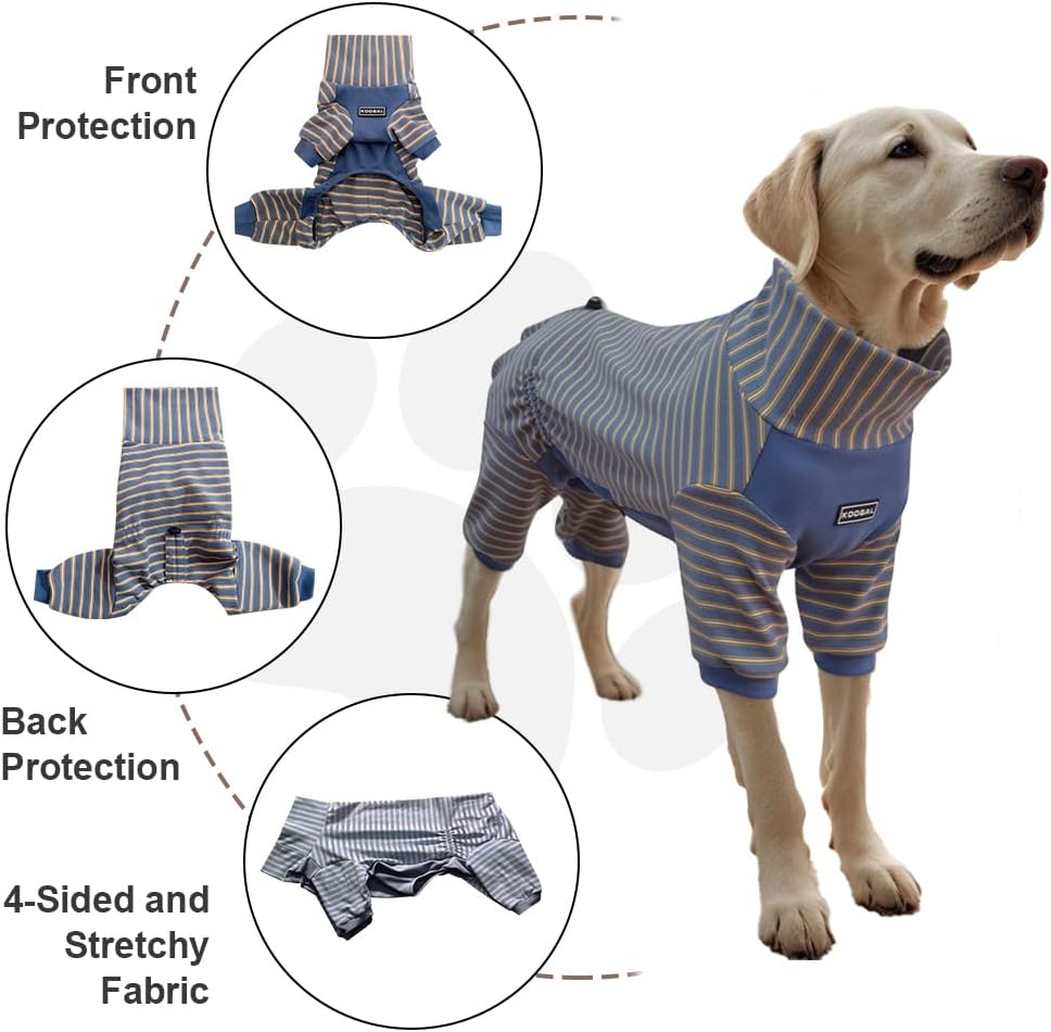 Dog Pyjamas PJS Sweater Clothes and Home Clothing Suitable for Large to Giant Breeds of Dogs, Dog Surgery Recovery Suit, Extra-Large Stretch Fabric, Four-Legged (Thickened Blue Stripes, XL)