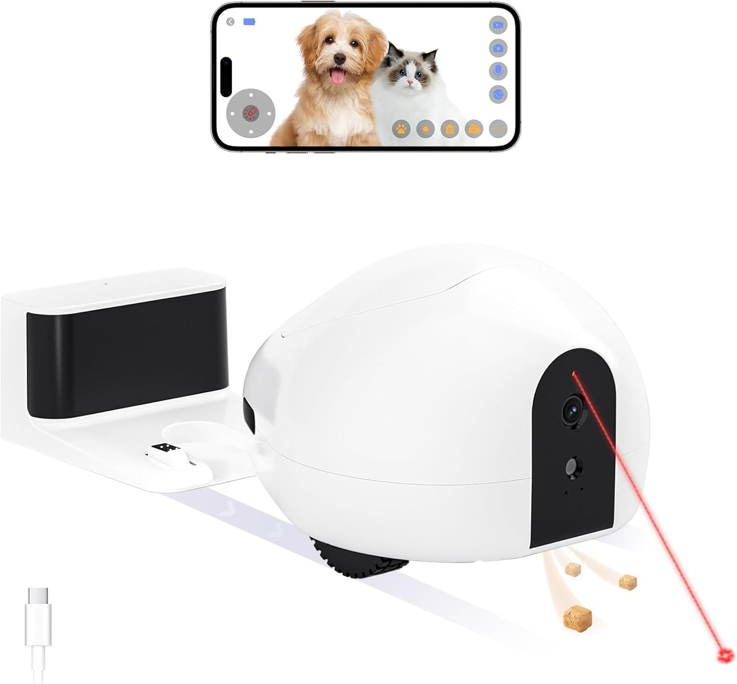 Cat Camera with Interactive Pointer Toy, Moving Robot for Dog and Cat, Mobile Pet Camera Treat Dispenser with Phone App, Auto Recharging and Night Vision, Two-Way Audio (2.4G Wi-Fi Only)