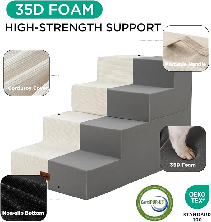 Made4Pets Dog Steps for Bed, Extra Wide Dog Stairs for High Bed Couch Sofa, 35D Foam Pet Steps for Small Dogs and Cats, Non-Slip Bottom Pet Stairs, Beige, 4 Steps