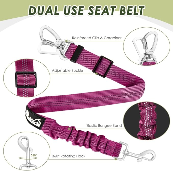 Lukovee Dog Seat Belt for Car, Adjustable Dog Car Harness for Large Medium Small Dogs, Soft Padded & Breathable Mesh Dog Seatbelt with Car Strap and Carabiner(Rose Double Clip,XXX-Small)