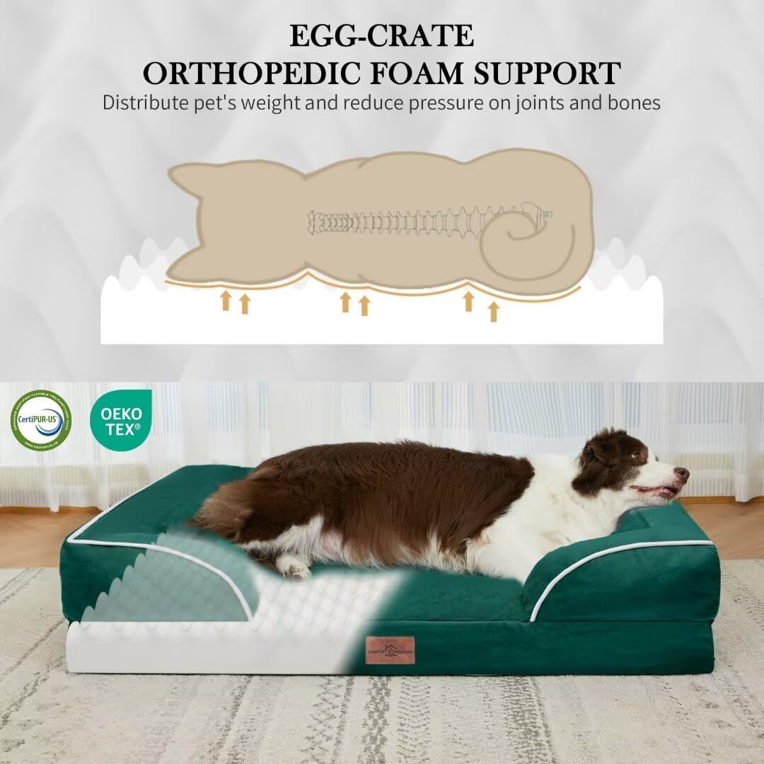 Comfort Expression Orthopedic Large Dog Beds, Waterproof Dog Beds for Large Dogs, Comfy Washable Pet Bed Sofa with Removable Cover & Non-Slip Bottom(Emerald)