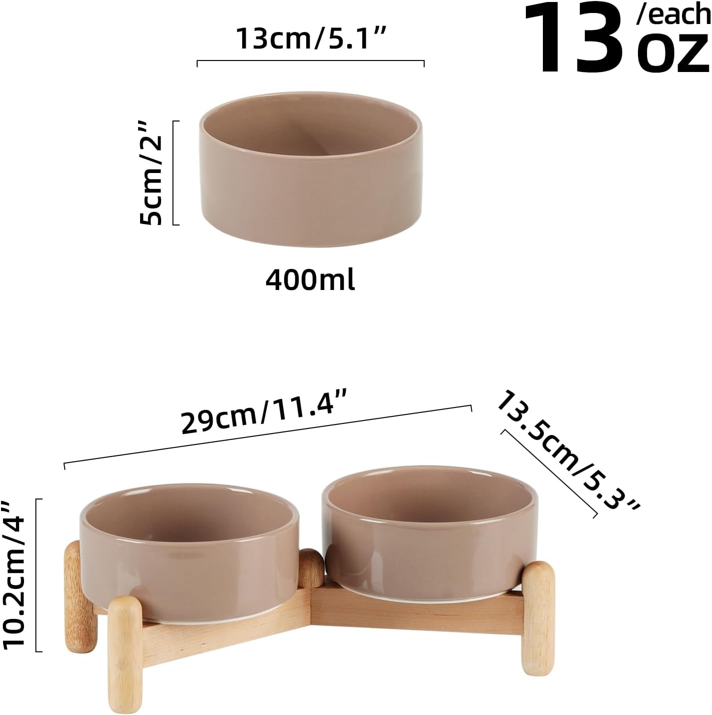 Ceramic 5.1inch Raised Double Bowls Set with Wooden Stand, Elevated Food & Water Bowls for Small Breed Dogs, Cats, Kitty, Weighted Dog Dishes, Pet Bowls(13.5oz, Brown Coffee)