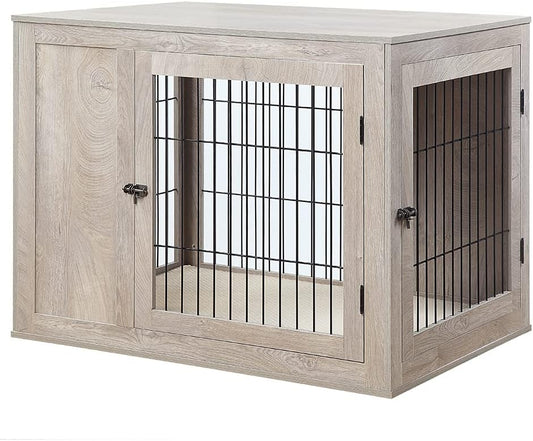 unipaws 41 Inch Furniture Style Dog Crate for Medium Large Dogs, Indoor Aesthetic Dog Stuff Kennel, Modern Wood Wire Cage, Pretty Cute End Side Table Nightstand, Weathered Grey