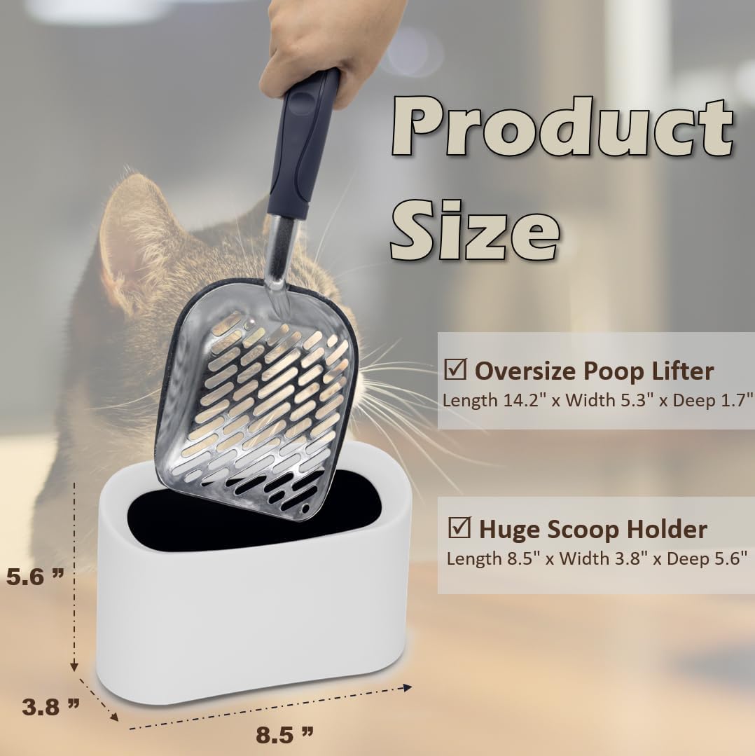 Heavy-Duty Metal Cat Litter Scoop with Holder, Aluminum Cats Litter Scooper Captures All Clumps, Kitty Metal Scooper and Holder (White)