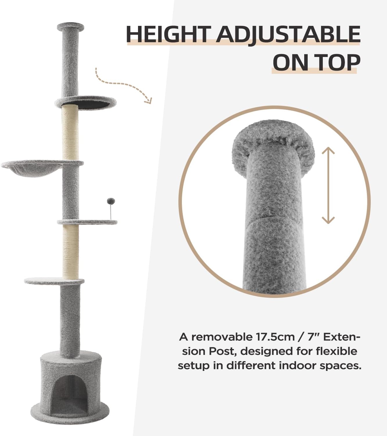 Made4Pets Floor to Ceiling Cat Tree 93-106'',Tall Cat Tower 5 Tiers,Adjustable Height, Stable Cat Tree Tower with Scratching Posts, Fluffy Condo, Hammock and Ball Toy for Indoor Cats/Kitten, Gray