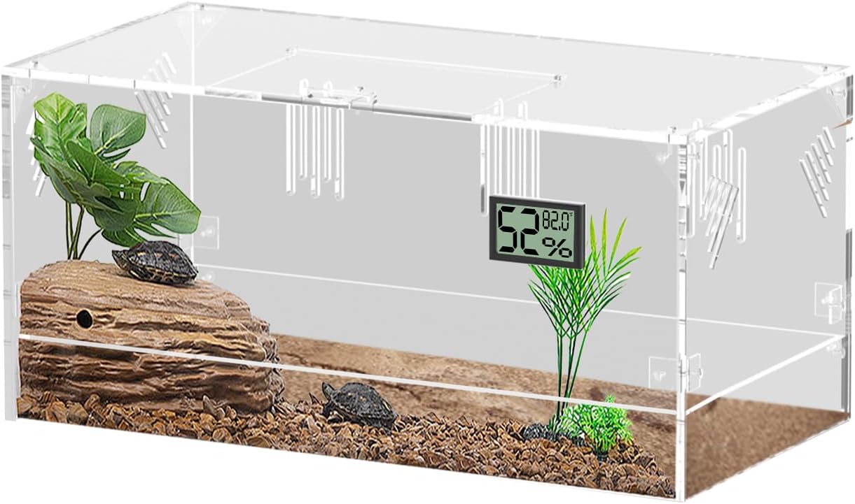 Acrylic Tarantula Enclosure, Reptile Terrarium Breeding Tank w/Temperature Hygrometer,Habitat Reptiles Feeding Box Isopod Terrarium Cage for Insect Lizard Home Office (Reptile-Tank-L(Tray))