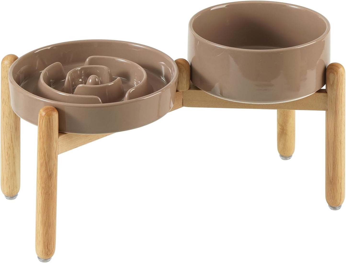 Ceramic Raised Slow Feeder Dog Bowl Set, Elevated 6.1inch Bowl and 7.3inch Puzzle Slow Food Dish with Wooden Stand for Small and Medium Dog, Anti-Gulping (2X Brown Coffee+ Stand)