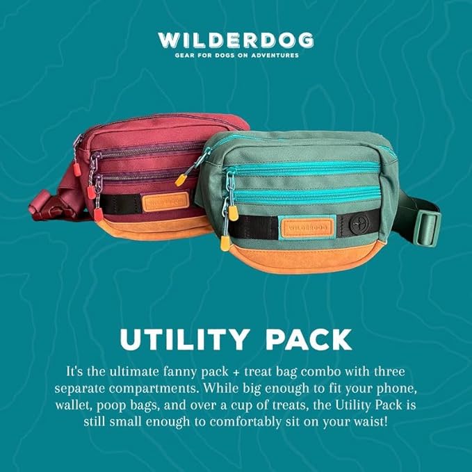 Wilderdog Utility Fanny Pack stores Treats, Balls, Keys in 3 Pockets with adjustable strap and Poop Bag dispenser (Black)