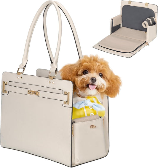 2-in-1 Stylish Dog Purse Carrier Soft-Sided Carriers Travel Tote Bag for Small Dogs Cats, Fashion Foldable Pet Bag for Puppies Small Animals with Pockets (White, 15" L x 7.5" W x 12.2" H)